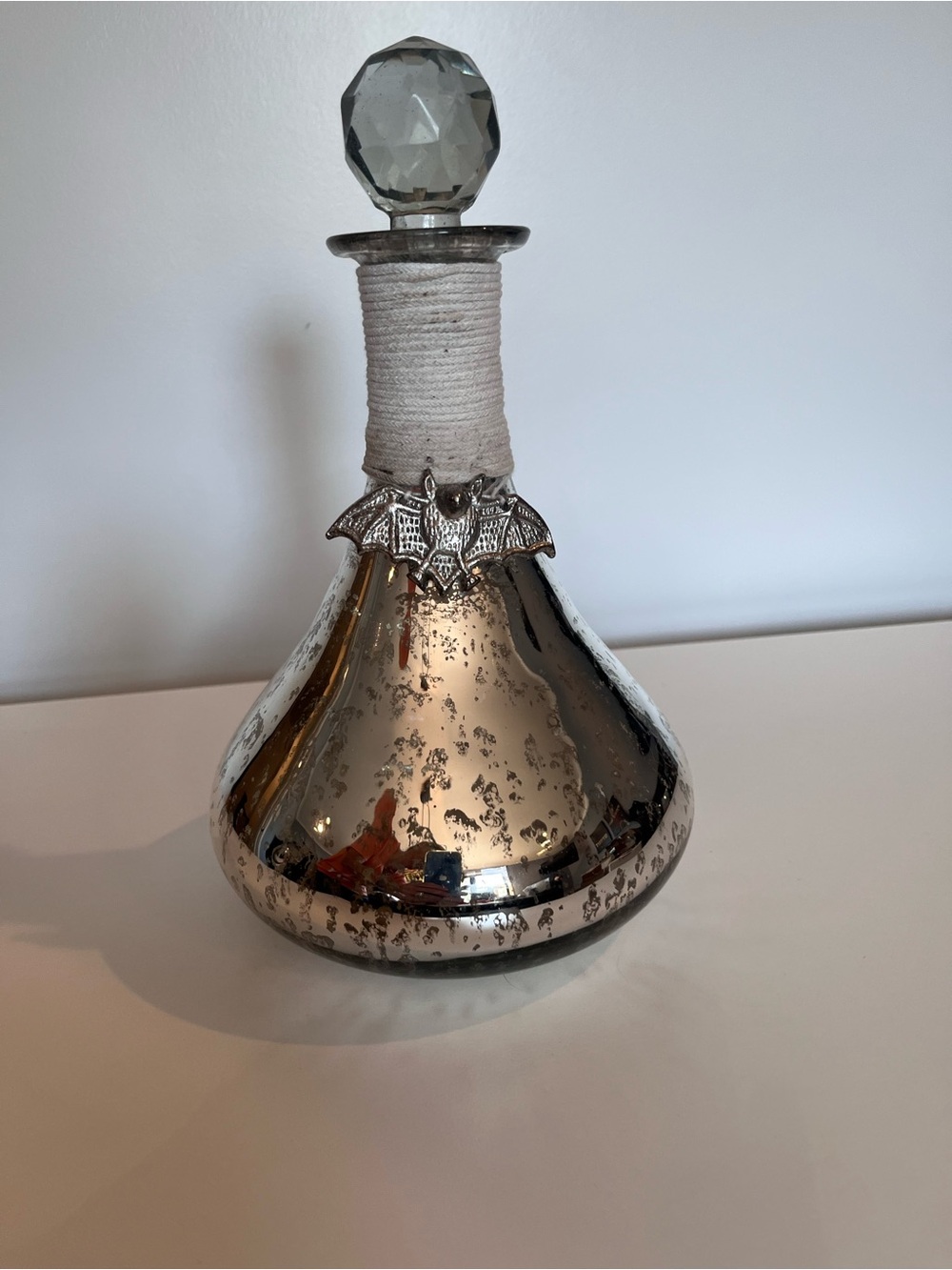 Silver Mercury Glass Decorative Halloween Decanter with Bat Accent